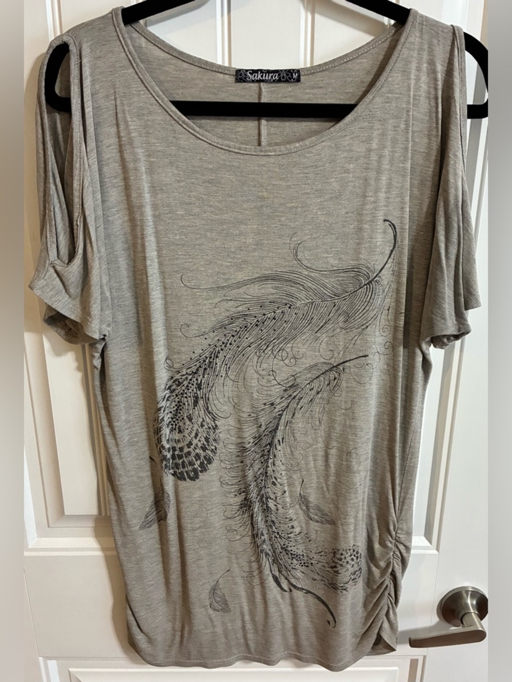 Sakura Light Gray Feather-Print Cold-Shoulder Tunic